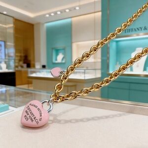 Tiffany & Co. Pink Heart Tag on Gold Chain Necklace